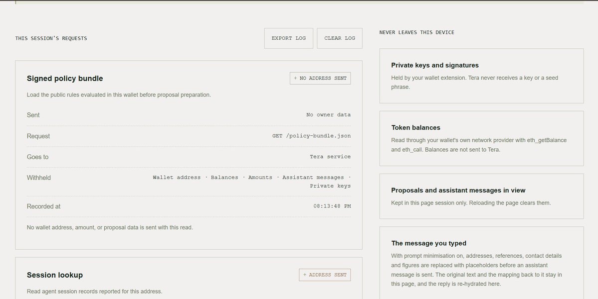 TeraWalletRH's tweet photo. Your wallet's privacy page tells you what the app collects. It never tells you who else is in the room.

Tera now names all eight. The page host. Our API. The RPC your wallet extension quietly picks for you. The model provider. Relay. The explorer you click through to. And the chain itself.
Each row: what it learns, what it doesn't get, what you can do about it.

Two of the eight never see your network address, Tera's server makes those calls. Two more are marked "not counted here," because your wallet extension opens its own connections and this page genuinely cannot see them. Reporting that as zero would be a lie with better optics.

Last row is the chain. Public, permanent, linkable. Nothing in this wallet changes that yet, and the panel says so out loud.

https://t.co/EFXaAmzlXx