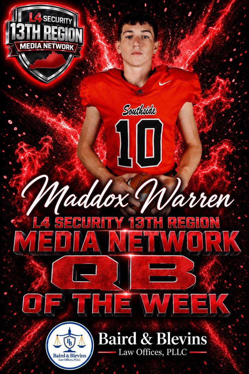BoysGirls13th's tweet photo. 🏈🔥 QB OF THE WEEK — MADDOX WARREN 🔥🏈

Congratulations to South Laurel’s Maddox Warren, our L4 Security 13th Region Media Network QB of the Week!

Maddox turned in a strong performance for the Cardinals and earned this week’s quarterback honor with his play and leadership on the field.

A big thank you to Baird & Blevins Law Offices, PLLC for sponsoring our QB of the Week award and for continuing to support student-athletes throughout the 13th Region!

Congratulations, Maddox! 👏🏈

#13thRegion #QBOfTheWeek #Football #SouthLaurel #Cardinals #BairdAndBlevins #L4Security #13thRegionMediaNetwork