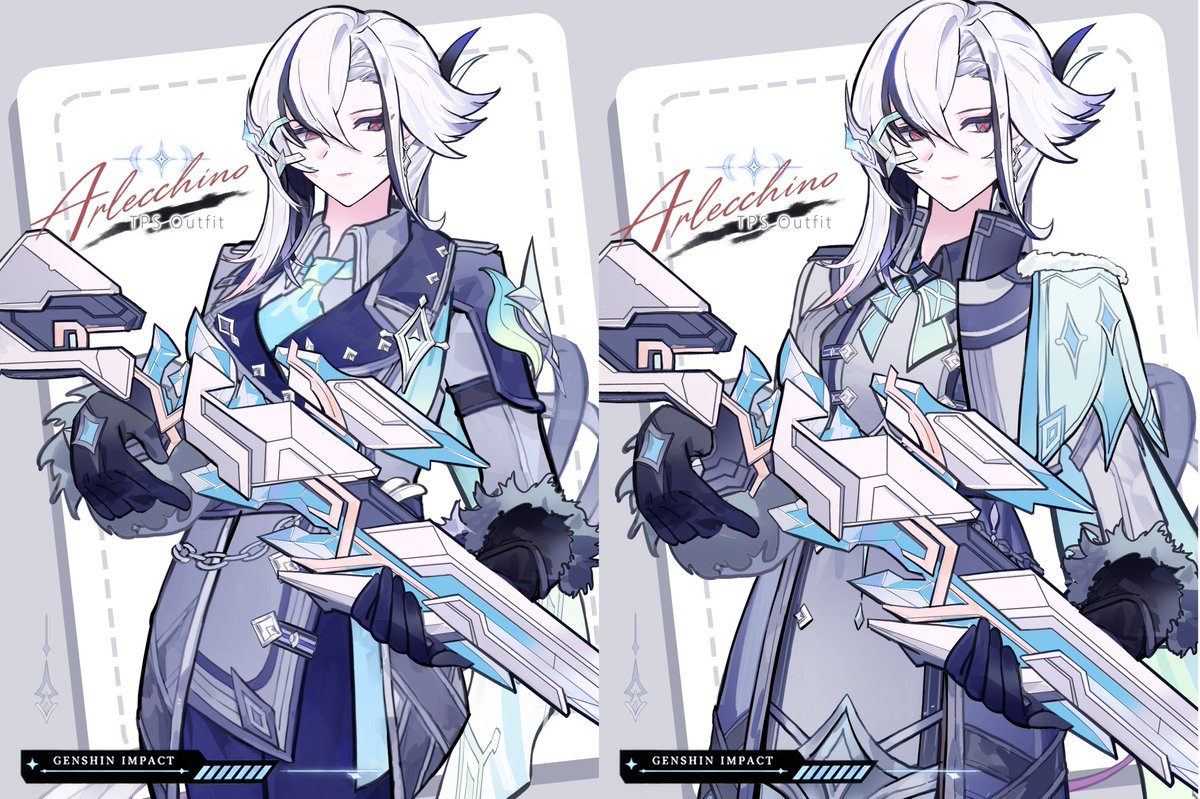 LTanuko39831's tweet photo. 【 TPS Outfit for Arlecchino 】
 If the TPS mode looked like this—letting us play as our own characters in outfits made for them...........
would you enjoy it more?

I’ve finally gotten a little more comfortable with the TPS gameplay in Snezhnaya. I’m actually pretty decent at action games, so shooting itself isn’t particularly difficult for me.

But somehow… this mode still feels pretty painful to play .
No climbing, no gliding, mandatory TPS sections in the main story—and my biggest problem of all:

We can’t use our own playable characters!
Or, more accurately in my case:

I CAN’T USE ARLE!!!

So naturally, one thought came to mind:

If the game won’t give our playable characters their own TPS Outfits, then I’ll just fall back on my usual solution—
 draw one myself and live the dream through my art 
I adapted both Travelers’ TPS outfits for Arle and tried both versions on her. And of course, once I started drawing, I couldn’t stop… so I ended up making illustrations too!

And wow, absolutely no surprise here: this tactical style suits her SO ridiculously well!!

Especially when she’s seriously aiming or crouching with the rifle… HOW is she this attractive when she’s focused??? 

Of course, putting pretty clothes on my fave in my drawings can only satisfy the craving temporarily.

So I’m saying it again: Genshin really should consider a proper outfit system for playable characters!!!

TPS Outfits, Miliastra Wonderland outfits… if we could actually put all those designs on the characters we already own, I genuinely cannot imagine people resisting them. I’m already picturing the revenue charts for Hoyo 

I understand that after all these years, Genshin may simply not have been built with a large-scale outfit system in mind, and implementing one could be far more complicated than “just adding skins.”

But I still think it’s something worth serious long-term investment—even if it means making deeper changes to the underlying systems.

Hoyo, please look at where we’re literally begging you to take our money.jpg

Until I can actually play TPS Arle in-game, though…

I’ll just keep drawing her myself. 

#Arlecchino #GenshinImpact #GenshinFanart #原神 #アルレッキーノ #阿蕾奇诺