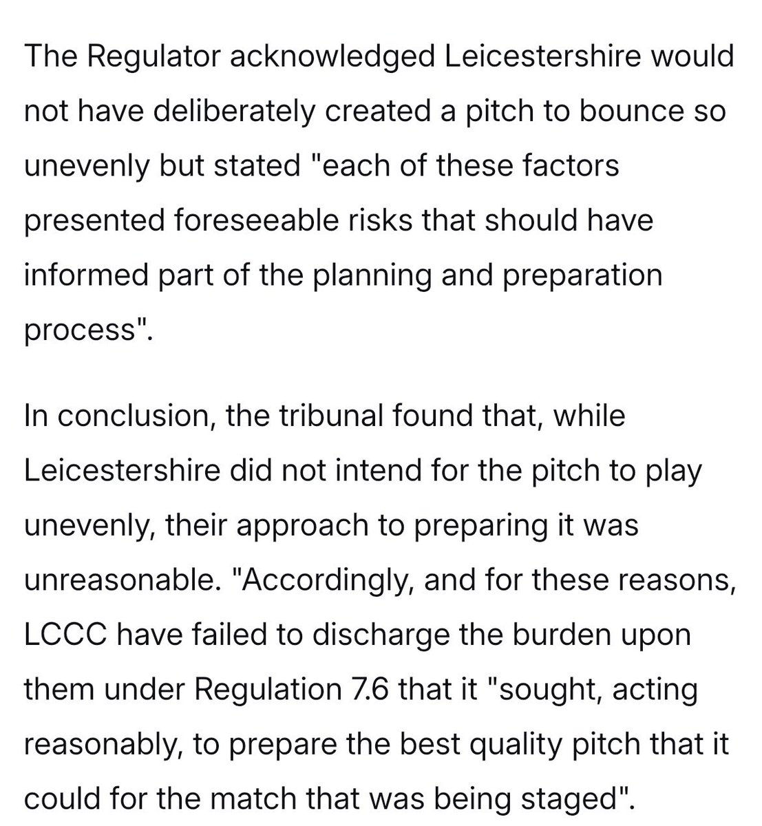 SWLHarry's tweet photo. @NoContextCounty the replies under that post are so clueless

as far as i can make out LCCC were fined because:

- LCCC have an obligation to prepare the best pitch reasonably possible 

- LCCC DoC and coach pressured groundsman to prepare a specific pitch 

1/3 https://t.co/EJgKc106SL