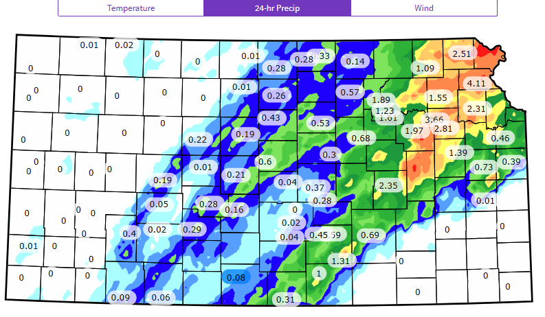 ksmesonet's tweet photo. Heavy rain fell across northeast Kansas yesterday evening through this morning with several of our sites picking up over 2" of rainfall with Cummings getting over 4". #kswx https://t.co/tXwiJtsQ3H