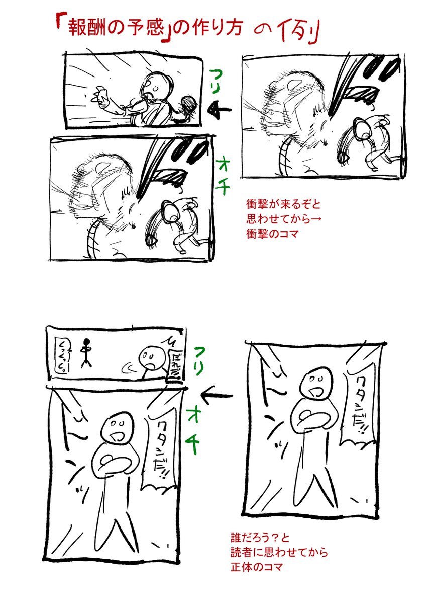yoshikadu2010's tweet photo. 小さい報酬予感の作例。
読者に情報を与えたい時、
読者に求められる形にする。
つまりフリとオチ。 https://t.co/w0tMGt4HsR