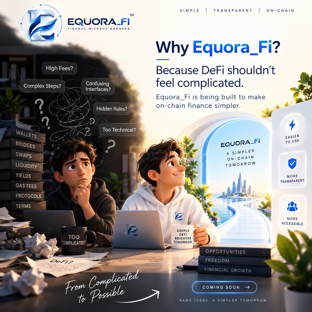 EquoraFi's tweet photo. 💙 Why Equora_Fi?

Because DeFi shouldn’t feel complicated.

Clear interactions.
Transparent logic.
Smart contracts working behind the scenes.

Equora_Fi is being built with one simple idea:

Make on-chain finance easier to understand, easier to use, and more accessible.

Equora_Fi
Simple DeFi. Smarter on-chain.
