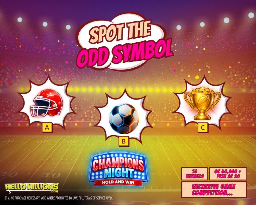 OhHellmillions's tweet photo. The game is on with Champions Night! 🏆

Can you spot the symbol that doesn't belong and celebrate like a champ?

Drop A, B, or C + #HelloMillions to enter. 👇 https://t.co/2lQ26DDqvO