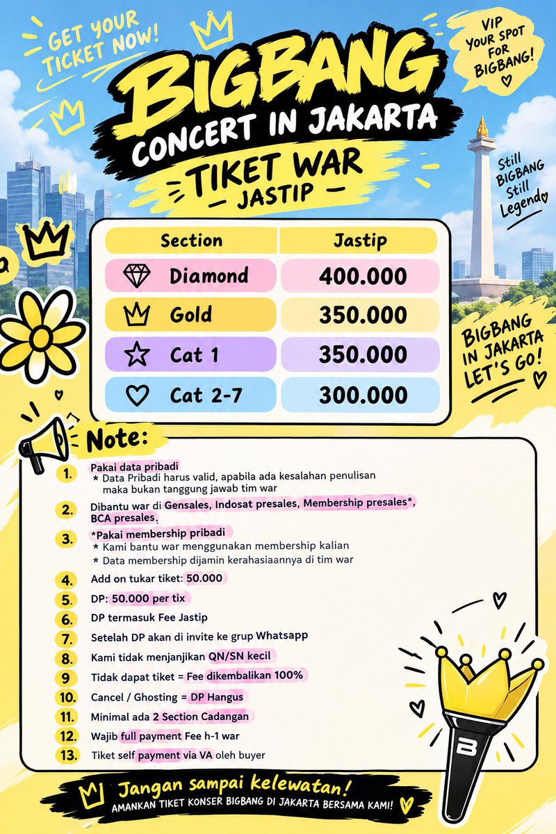 Mgsylv's tweet photo. [OPEN JASA WAR TICKET BIGBANG WORLD TOUR XX : COSMOS IN JAKARTA🇮🇩]

✨ Pakai Data Sendiri
✨ Self Payment
✨ 100% Refundable

ISI FORM ⬇️
📋 https://t.co/Chwgyinh9T

Bisa 💌 dm/reply kalau mau nanya 🫶🏻

#BIGBANG
#COSMOS_WORLD_TOUR_IN_JAKARTA
jaswar jastip tiket 
wts wtb trusted https://t.co/SeabqflqCJ