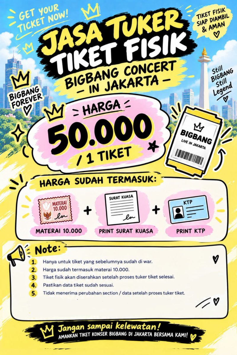 Mgsylv's tweet photo. [OPEN JASA WAR TICKET BIGBANG WORLD TOUR XX : COSMOS IN JAKARTA🇮🇩]

✨ Pakai Data Sendiri
✨ Self Payment
✨ 100% Refundable

ISI FORM ⬇️
📋 https://t.co/Chwgyinh9T

Bisa 💌 dm/reply kalau mau nanya 🫶🏻

#BIGBANG
#COSMOS_WORLD_TOUR_IN_JAKARTA
jaswar jastip tiket 
wts wtb trusted https://t.co/SeabqflqCJ
