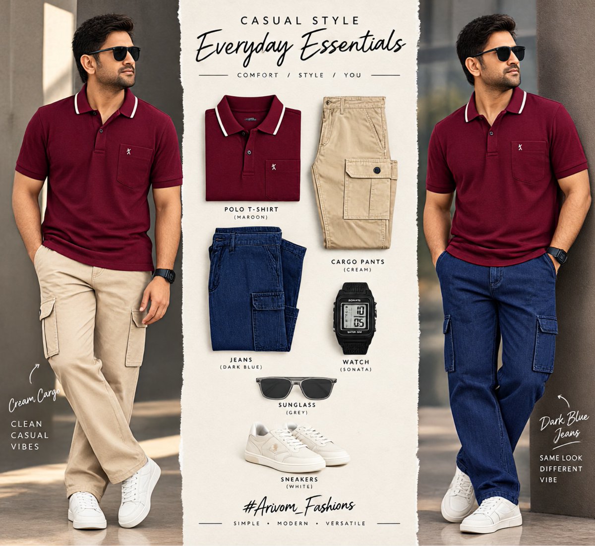 arivomkadaioffi's tweet photo. #Arivom_Fashions 
நிறைய பேர் Polo Tee ல பாக்கெட் இருக்கற மாதிரி பதிவு செய்ய சொல்லி கெட்டு இருந்தீங்க. என் கிட்ட இப்படி ஒரு T-shirt கூட இல்லை. இப்படி பாக்கெட் இருக்கற மாதிரி தேர்வு செய்யறீங்க என்றால் printed அல்லது plain T-shirt தேர்வு செஞ்சா நல்லா இருக்கும்.. vertical stripes ல பாக்கெட் இருந்தா odd ஆ தெரியும். 

இந்த Maroon Polo T-Shirt க்கு Cream மற்றும் Dark Blue இரண்டுமே நல்லா இருக்கும் . அதனால் தான் இரண்டையும் கொடுத்து இருக்கேன்.  இதுக்கு pair செய்ய Cream அல்லது white Sneaker செமையா இருக்கும். 

இதற்கு formal ஆ chain watch போடுவதை விட இந்த மாதிரி  Sport Watch போட்டா perfect ஆ இருக்கும். 

Sunglass உங்க விருப்ப��் தான்...உங்க head shape மற்றும் Jawline க்கு ஏற்ற மாதிரி choose செஞ்சுக்கங்க. 

Maroon Polo T-Shirt : https://t.co/R4P0vtxnTm
Cream Cargo : https://t.co/vtRkQEwnVZ
Dark Blue Denim (Loose Fit): https://t.co/ALRpEgCbkd
Cream Sneaker: https://t.co/Nayl1dIH9D
Sport Watch : https://t.co/OlbnPUopC3
Crystal Grey Sunglass : https://t.co/b6dsDtN9Xj