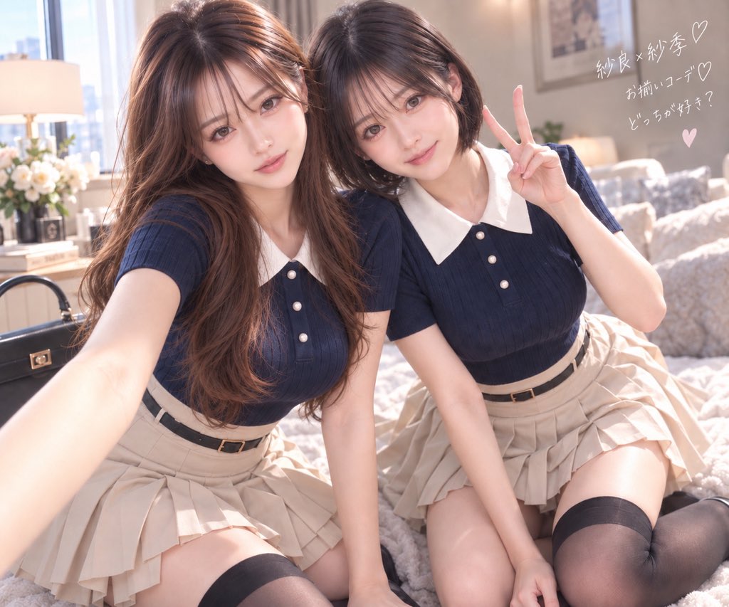 sara_saki_jp's tweet photo. どう？かわいい？🤍

@ai_cocot さんのコーデが可愛すぎて、
紗良と紗季でさっそくお揃いしてみました☺️
素敵なコーデありがとうございます🫶

#AI美女 #AIart #AI写真 #日常 https://t.co/UBrjaZC2K5
