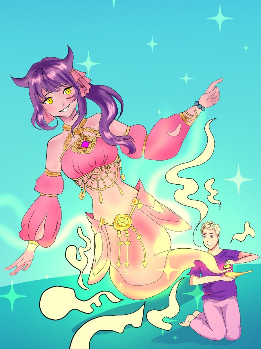 lunaleoo300's tweet photo. Your wish is my command Swapped the magic lamp for something a little more magical

A purple haired genie emerges magically from a golden lamp held by a kneeling man ^3^

#art #artmootsㅤ #origanlart https://t.co/GzNaq5Ick8