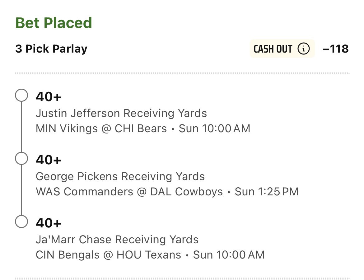 BetWithBoat's tweet photo. NFL Week 2 Parlay 🏈
Justin Jefferson 40+ rec yds
George Pickens 40+ rec yds
Ja’Marr Chase 40+ rec yds
-118 1u
#PrizePicks #NFL #NFLTwitter #GamblingTwitter #PlayerProps #Sportsbetting #Sleeper #Sleeperpicks #Underdogfantasy #GamblingX #FreePicks #FreePlays #NFLPicks #PrizePicksNFL