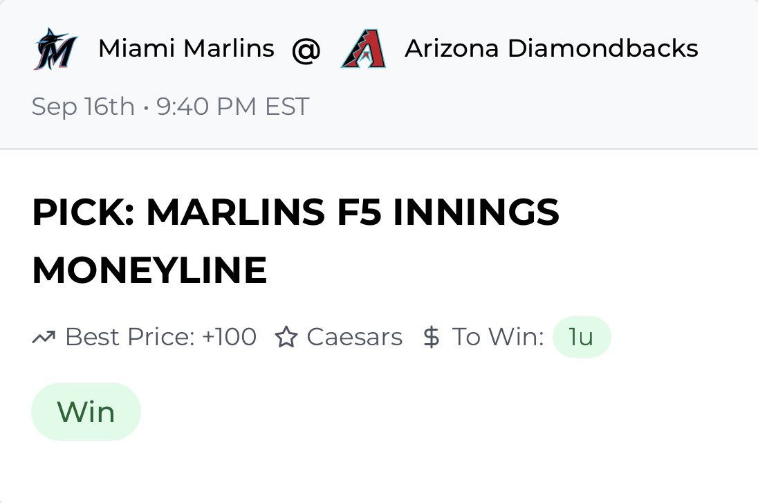 thepickdon's tweet photo. One play, one winner💰

Marlins F5 ML ✅

Football back tomorrow 👀 https://t.co/F7OecvtMpD