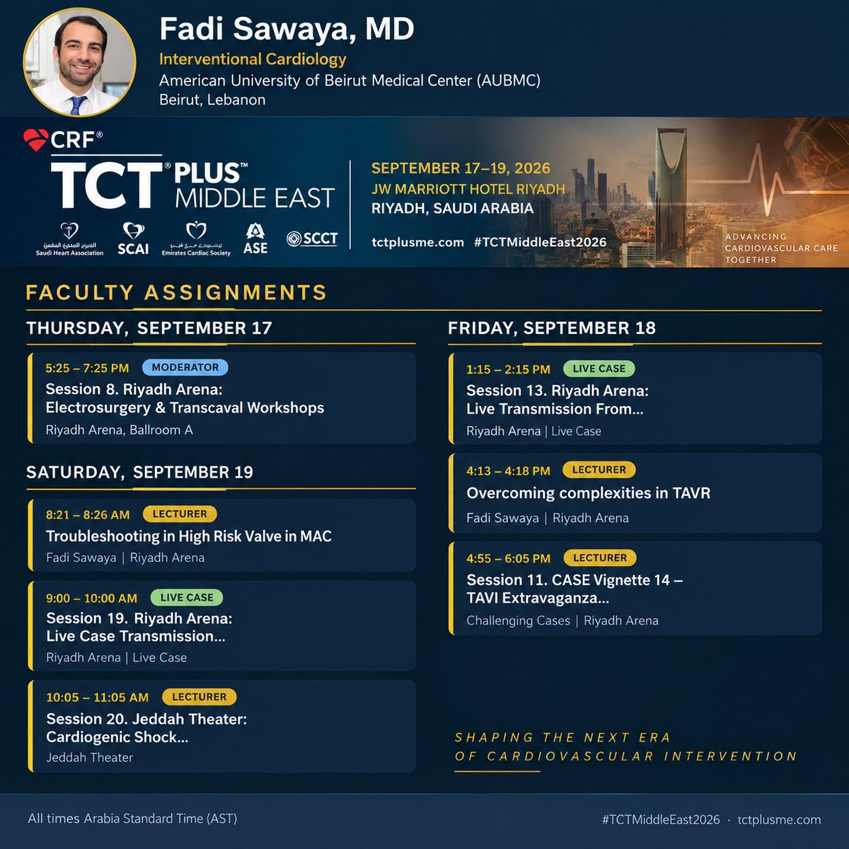 fjsawaya's tweet photo. Join me at TCT MEA 2026 in Riyadh, alongside a fantastic faculty, for 3 days of highly educational discussions, live cases, and innovation.
@AUBMC_Official
#TCTMiddleEast2026 #StructuralHeart #InterventionalCardiology @TCT_ME_ @mirvatalasnag @AlkashkariWail @drptca https://t.co/SzaiYlU1wi