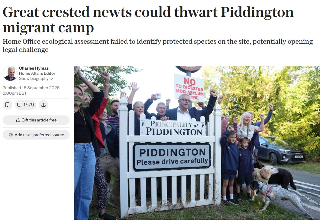BasilTheGreat's tweet photo. 🚨BREAKING: The illegal migrant camp planned for Piddington may be CANCELLED due to a protected species of NEWTS being found on the site

So let me get this straight...

The Government care more about the safety of NEWTS than Women and Girls? https://t.co/CHP17lOjI9
