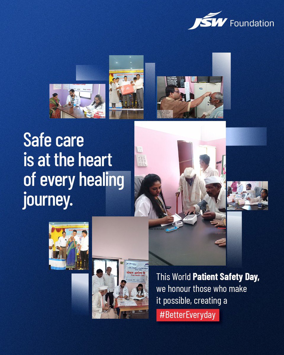 JSWFoundation's tweet photo. Care goes beyond treatment. It is built on trust, vigilance and safety at every step. 

Through its healthcare initiatives, JSW Foundation works to strengthen access to safe, timely and quality care for communities.

This World Patient Safety Day, we recognise everyone working towards safer healthcare and a #BetterEveryday for all.

#JSWFoundation