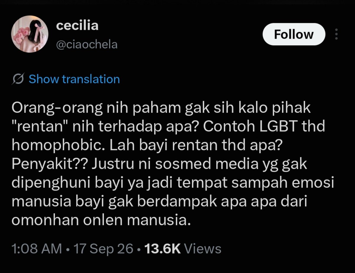 Taisme_'s tweet photo. Translate:

Gapapa ngatain orang lain asal orang tersebut gak ikut serta dalam kelompok

Jadi ngatain lgbtq gapapa asal gak ada orang² lgbt didalamnya https://t.co/BxAtt2wBcW