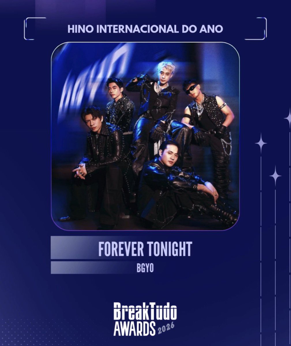 ABSCBNpr's tweet photo. LOOK: BGYO receives two nominations at the 2026 Breaktudo Awards in Brazil. 

🏆 Asian Artist
🏆 International Anthem of the Year (Forever Tonight)

#BGYO https://t.co/Sy4Rac18W8