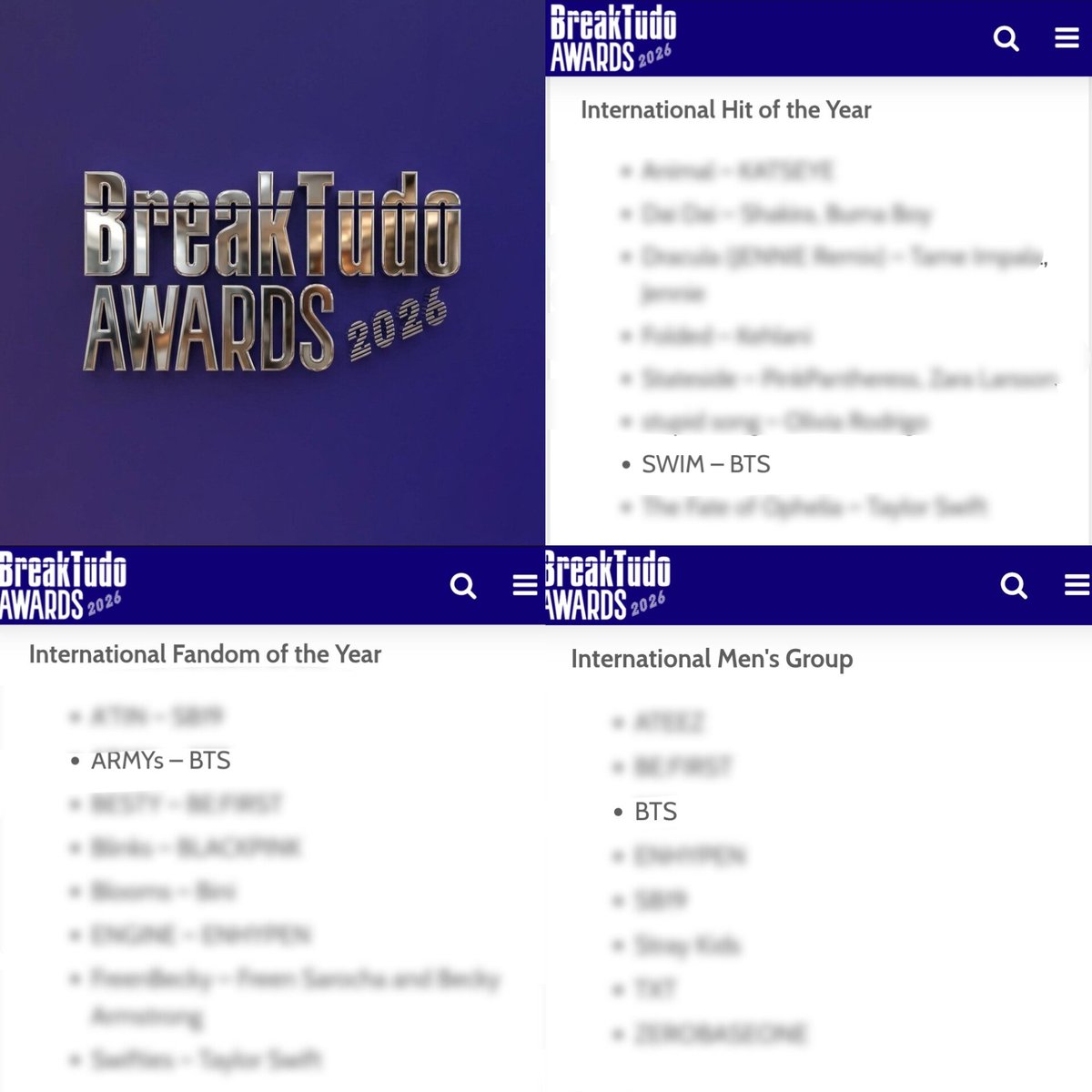Yoon_kookie97's tweet photo. #BTS got 3 Nominations at BreakTudo Awards 2026 🏆

- International Hit Of The Year: SWIM
- International Fandom Of The Year: ARMY 
- International Men's Group: BTS 

🗳️: https://t.co/R7tPhS6KnC
🗓️: 09/17 to 10/17 https://t.co/JJ8ZFBNeWw