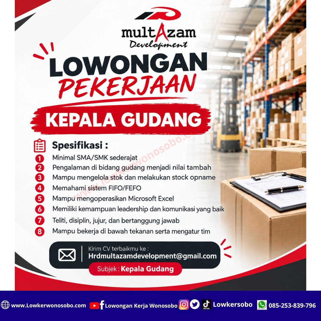 LowkerSobo's tweet photo. Lowongan Kerja Di Multazam Development

Untuk Posisi Sebagai : Kepala Gudang

Cara Melamar : 
Silahkan kirimkan lamaran kerja anda via email ke : hrdmultazamdevelopment@gmail.com
Subject : Kepala Gudang

#loker #fyppppppppppppppppppppppp  #infoloker #kerjaan #lokerterbaru https://t.co/6XcgLAaXan