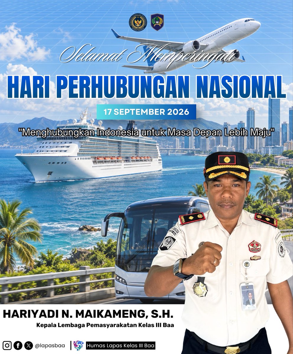 lapasbaa's tweet photo. Keluarga Besar Lembaga Pemasyarakatan Kelas III Baa mengucapkan selamat memperingati Hari Perhubungan Nasional, 17 September 2026.

“Menghubungkan Indonesia untuk Masa Depan Lebih Maju”

#hariperhubungannasional
#kemenimipas
#ditjenpas
#lapasbaa https://t.co/82xWNCzqRK
