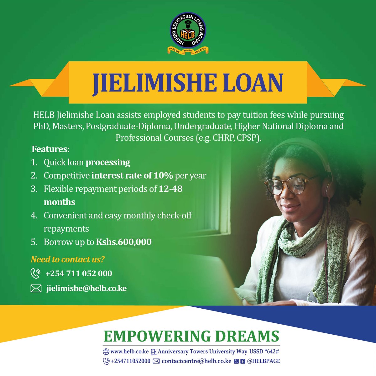 HELBpage's tweet photo. Your dreams are worth the investment. With Jielimishe Loan, get flexible and affordable financing to take your education to the next level. Don’t wait, your future starts now! https://t.co/cdjhRndyjG
