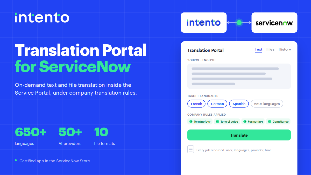 HelloIntento's tweet photo. We've published Intento Translation Portal for ServiceNow in the ServiceNow Store. Your employees can translate text and documents in 650+ languages inside the Service Portal, with AI checks against company translation requirements. Launch details below. https://t.co/vC4OZIm6nJ