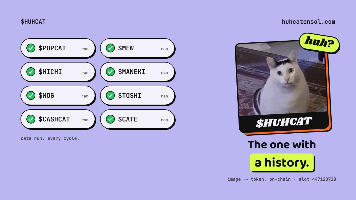 HuhcatOnSol_'s tweet photo. There are endless cat coins on Solana. What separates $HUHCAT is that you can actually trace the image and the token relationship directly onchain. That matters because it gives the meme a history instead of just a ticker. https://t.co/AZXG92Yr4C