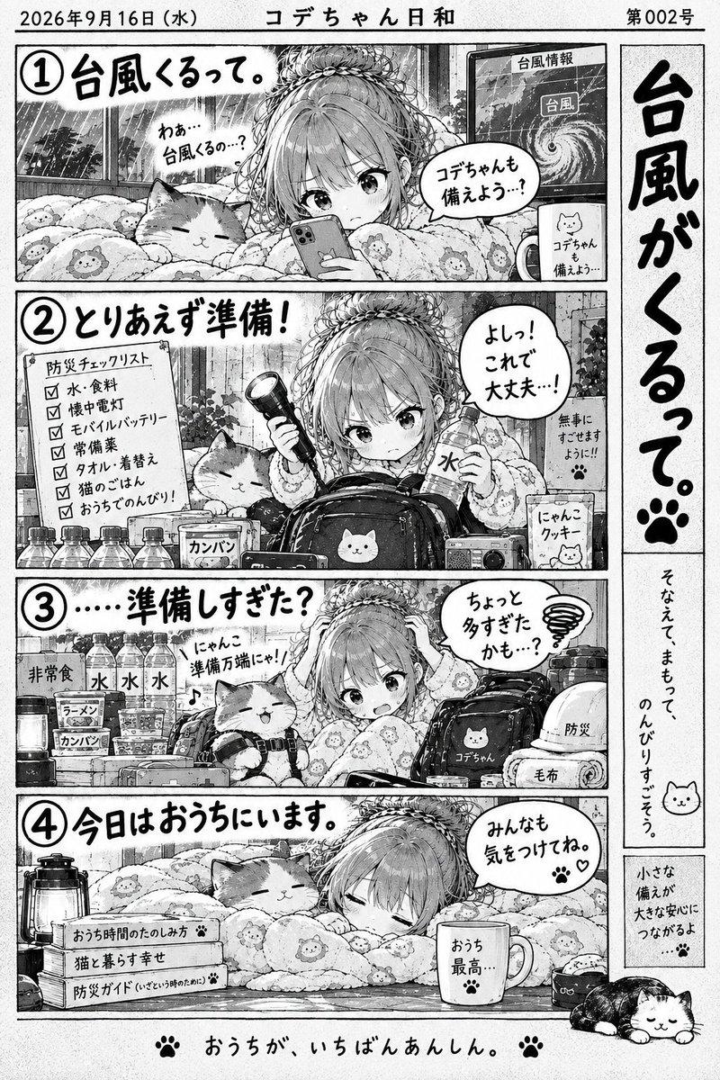 project_if_jp's tweet photo. 今日のコデちゃん。

台風がくるらしい。

「とりあえず準備！」
と始めたものの——
……準備しすぎた？

ということで、今日はおうちにいます。
みんなも気をつけてね🐾

動くコデちゃんはInstagramで公開中🌪️
https://t.co/EEAPix9iWs

#今日のコデちゃん #コデちゃん #台風発生 https://t.co/iPhsKsksxo