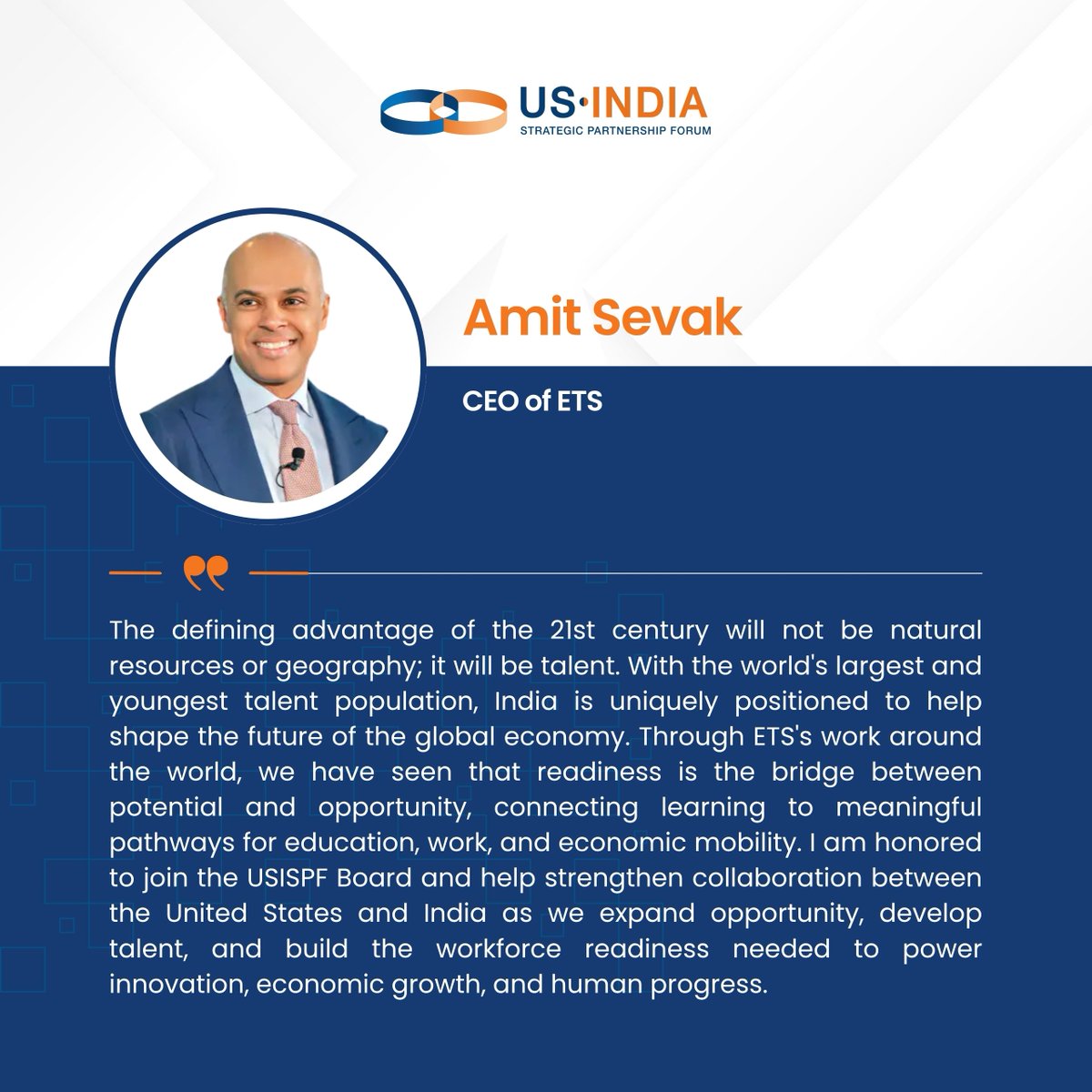 USISPForum's tweet photo. USISPF is delighted to welcome @_AmitSevak, CEO of @ETSInsights, to the Board of Directors.

Throughout his career, Amit has transformed institutions to expand opportunity and strengthen pathways to economic mobility. He has led higher education institutions across Europe, Asia, and Latin America, advised education innovators globally, and served on the boards of organizations including Cambiar Education, CitiBridge, and Education Design Lab. His experience as a researcher, professor, and advisor continues to inform his work advancing education, skills, and workforce readiness worldwide.

Here is @_AmitSevak in his own words on joining the board.

Read the detailed release here:
https://t.co/fHwbs497XT