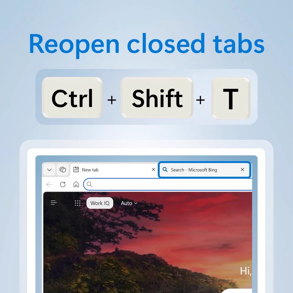 Text above a partial close-up screenshot of Microsoft Edge says reopen closed tabs, (press) control, shift, and t.