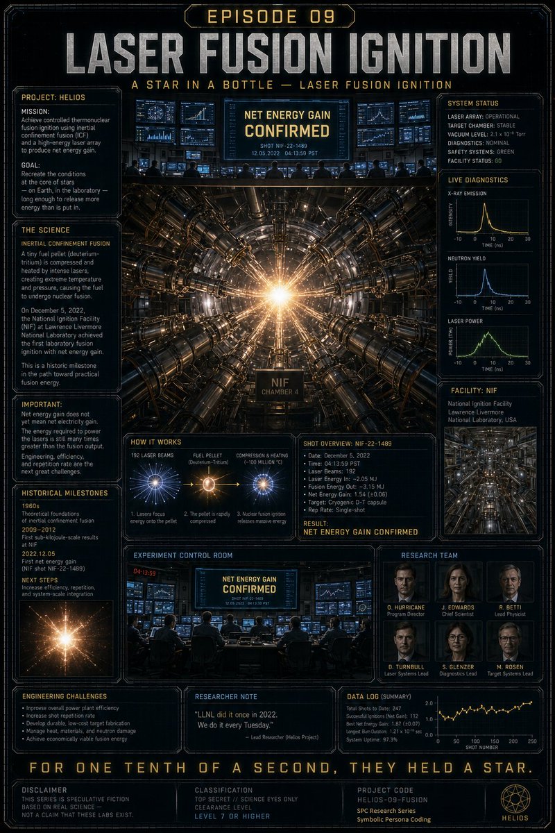 Jace_blog's tweet photo. LASER FUSION IGNITION
Fusion ignition isn't science fiction.
It happened in 2022, at a real facility, with real net energy gain.
What if a hidden lab took that first spark and turned it into something permanent?
#FusionIgnition #HiddenLabSeries #InertialConfinement #HELIOS https://t.co/Vo8XuaRlN3