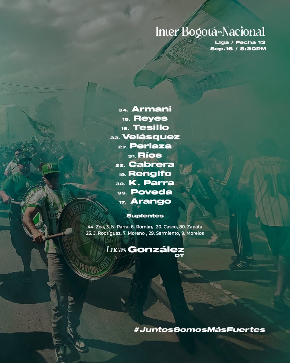 nacionaloficial's tweet photo. ¡Así formamos en la capital! 🇳🇬 

Compartimos nuestra nómina titular para el juego ante Inter de Bogotá en El Campín, por la fecha 13 de Liga. 

#VamosTodosJuntos https://t.co/kDsgw6CUED