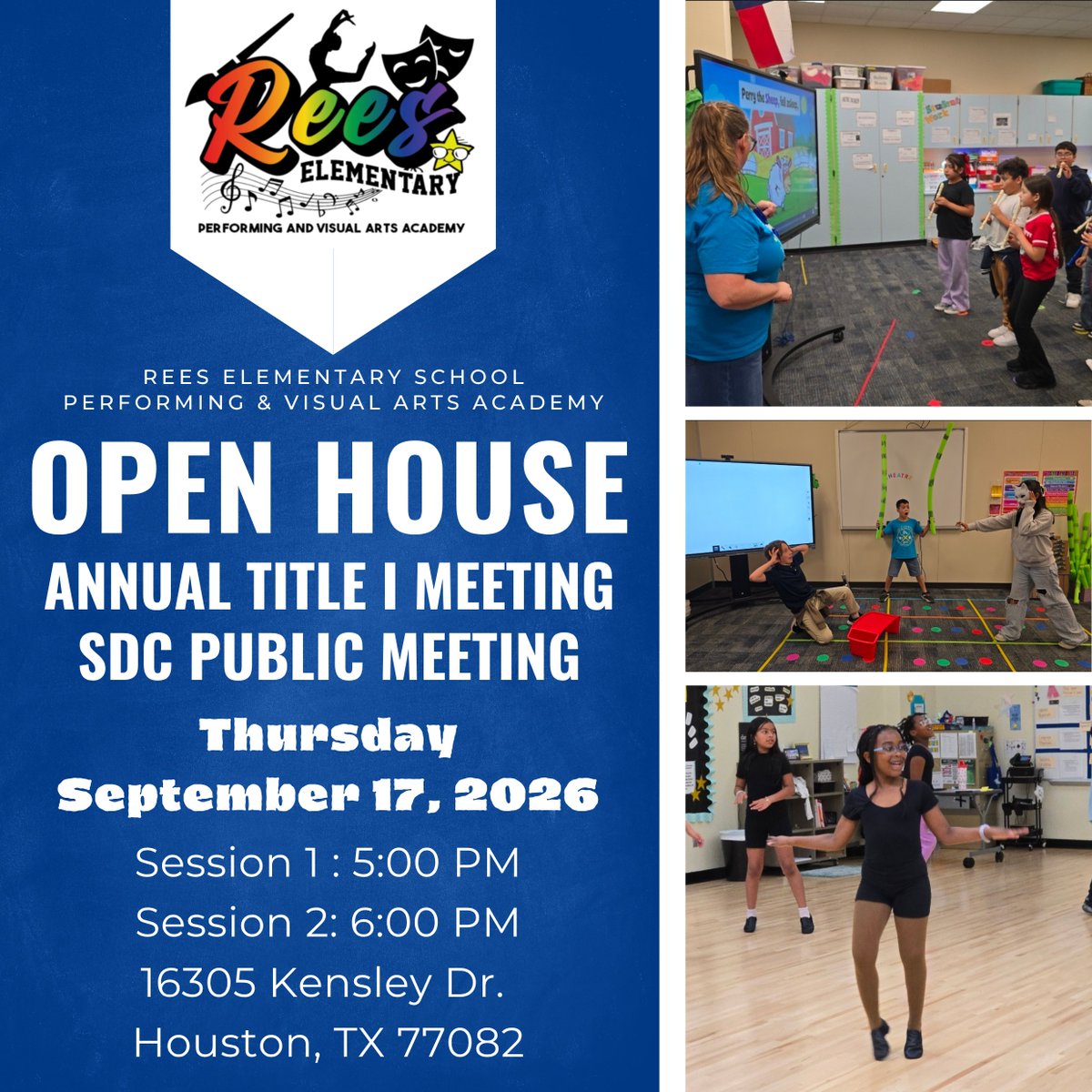 ReesStars's tweet photo. 🏫⭐ Rees Families, Open House is TOMORROW! We can’t wait to see you! 💙
📅 Sept. 17
⏰ Session 1: 5 PM
⏰ Session 2: 6 PM
Come connect with our Rees PVAA team and visit your child’s classroom!
#ReesPVAA #YouBelongHere #AliefISD https://t.co/thN30acBWP