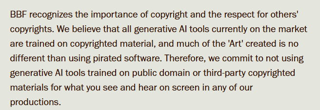 Junctionmalfunk's tweet photo. Regarding AI use in BrownBag's animation, it seems they have an entire PDF outlining their distaste, distrust, and disavowal of Generative AI to NOT use it in their animations.
Hopefully, whatever contract they entered into with Mattel, this stays true.
https://t.co/UZuVfNFR1i https://t.co/mKz7QlEVEi