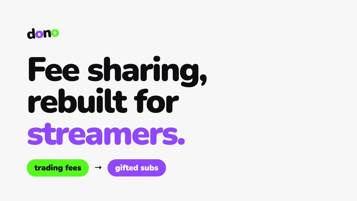 donodotyou's tweet photo. We're rebuilding token fee sharing from first principles.

Streamers should be able to earn from tokens without touching a wallet. Dono turns their fee share into gifted subs, so backing a streamer and earning from it happens live on stream.

The streamers are live on Twitch. Now the fees are too.