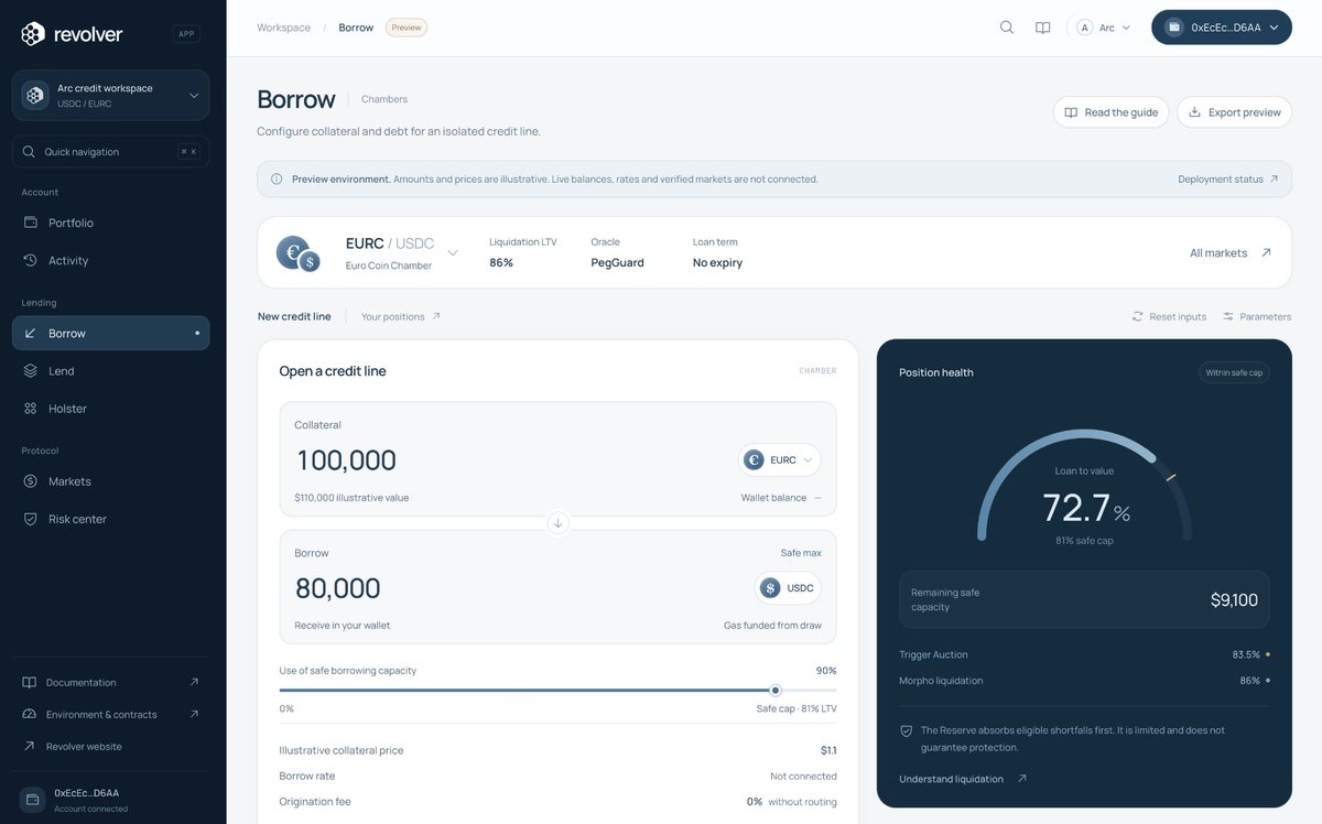 RevolverArc's tweet photo. Size up a loan in Revolver’s Borrow preview.

Choose collateral and adjust how much to borrow. 

Position health updates alongside the inputs, showing how close the example gets to liquidation. https://t.co/SRLILI2im4