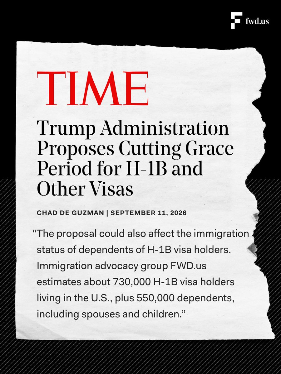 FWDus's tweet photo. A new article from @TIME ’s @deguzmanchad reports on the proposal to eliminate the 60-day grace period for H-1B workers, using @fwdus data to highlight the scope of the impact. https://t.co/aqjNP2dL9E