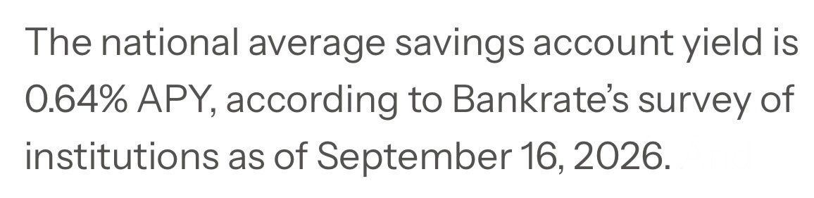 NateGeraci's tweet photo. While politicians “protect” you from crypto…

Let’s check in on the national average bank savings account yield.

This is from a weekly survey of 500+ banks &amp; credit unions.

You’re reading that right… it’s 0.64%. https://t.co/M7AApN5Z2v