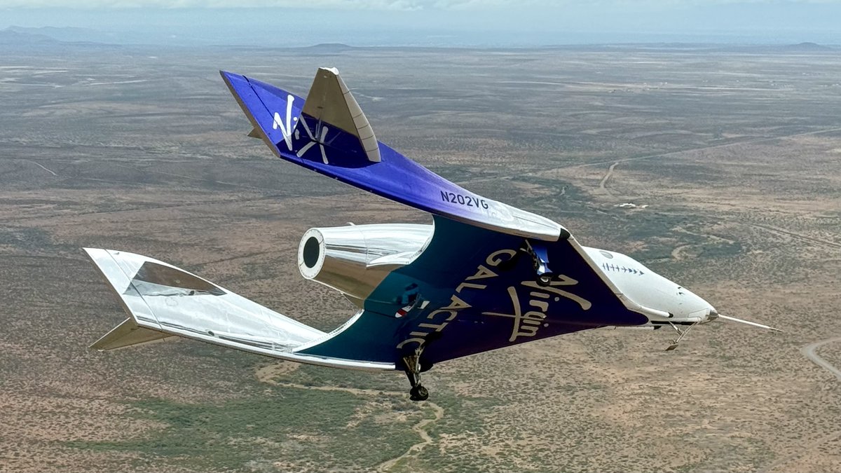 virgingalactic's tweet photo. VSS Unity completed its 34th flight today, the second in our Unity glide series preparing pilots and ops teams for the new spaceship flight test program. CJ Sturckow and Andy Edgell flew Unity; Dan Alix and Jameel Janjua flew VMS Eve. More on the glide series here → https://t.co/NLRoZKSUzd