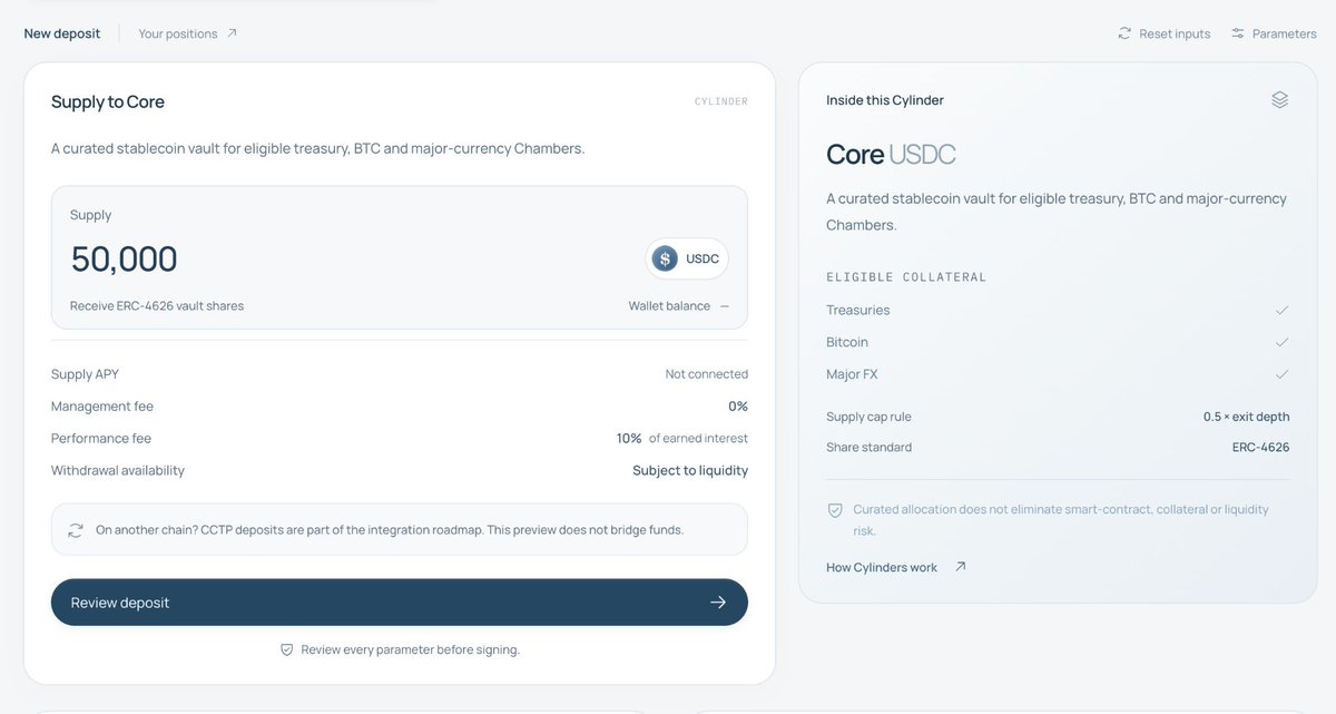 RevolverArc's tweet photo. Lend explains where a USDC deposit would go and what it costs.

Core funds approved lending markets. 

Its terms show a 10% fee on earned interest, zero management fee, and withdrawals subject to available liquidity. https://t.co/C0y0rjuB79