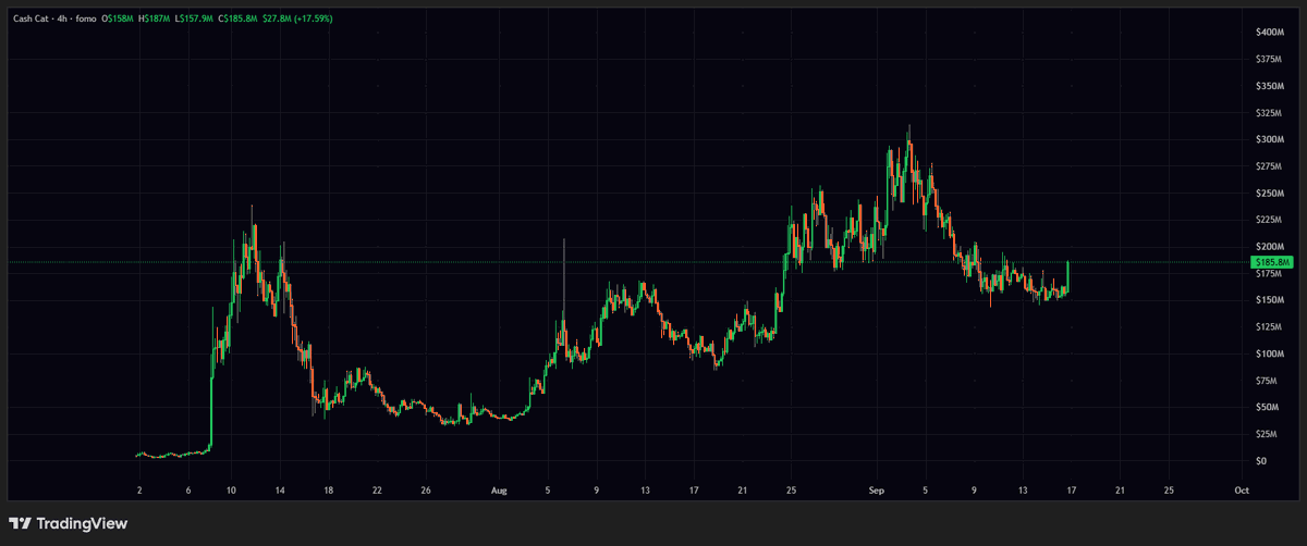 alexxxx's tweet photo. Structurally $CASHCAT might be the best looking memecoin chart. Send it to billions. https://t.co/FXshDkietr