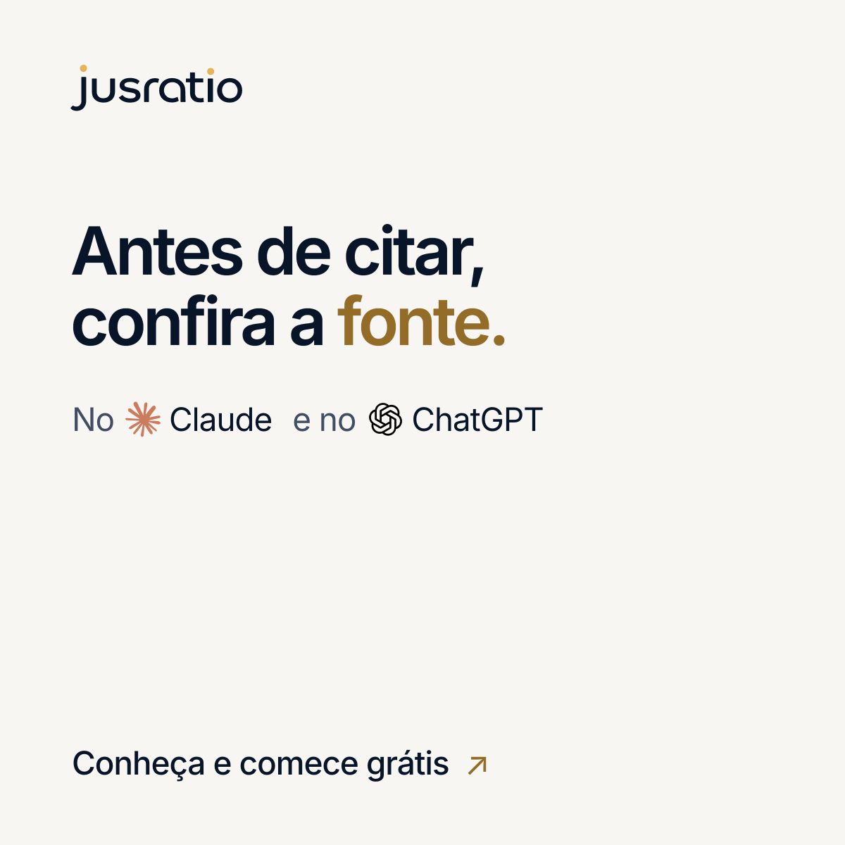jusratio's tweet photo. Antes de citar, confira a fonte. Com o Jusratio no Claude ou ChatGPT, pesquise jurisprudência com referências identificadas para revisar a fundamentação. Conheça e comece grátis.