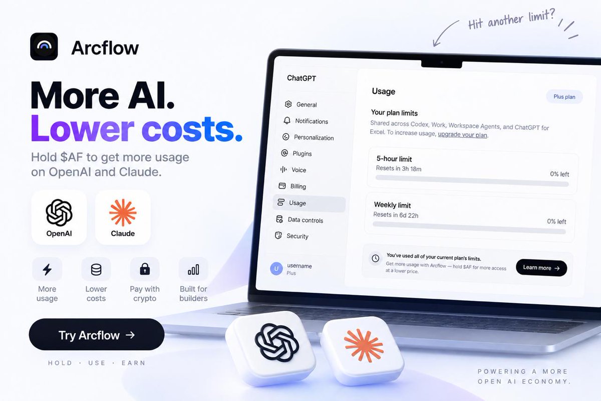 tryarcflow's tweet photo. Hold $AF. Earn AI credits.

Keep $AF in your wallet and your stake powers your AI usage automatically.

Use your credits across GPT, Claude, and more.

Hold → earn → build.

Built for builders on-chain.

https://t.co/L93zufoObQ https://t.co/KHBSgxbx4G