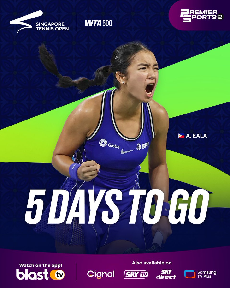 blasttvph's tweet photo. Mark your calendars! 🗓️ Only 5 days to go until the WTA Tour’s Asian Swing kicks off in Singapore! ⚡

Alex Eala is officially BACK in action—recharged, locked in, and ready for another epic run! 🔋🇵🇭

Catch the full coverage of the WTA 500 Singapore Tennis Open on BlastTV starting September 22!