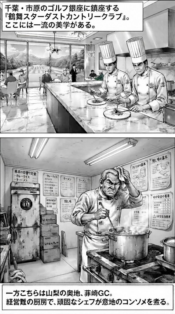 kaorunohaha's tweet photo. 山梨の山岳コース「韮崎ゴルフコース」を描く漫画、レストランシェフ比較編 https://t.co/mBo9Hlhif8