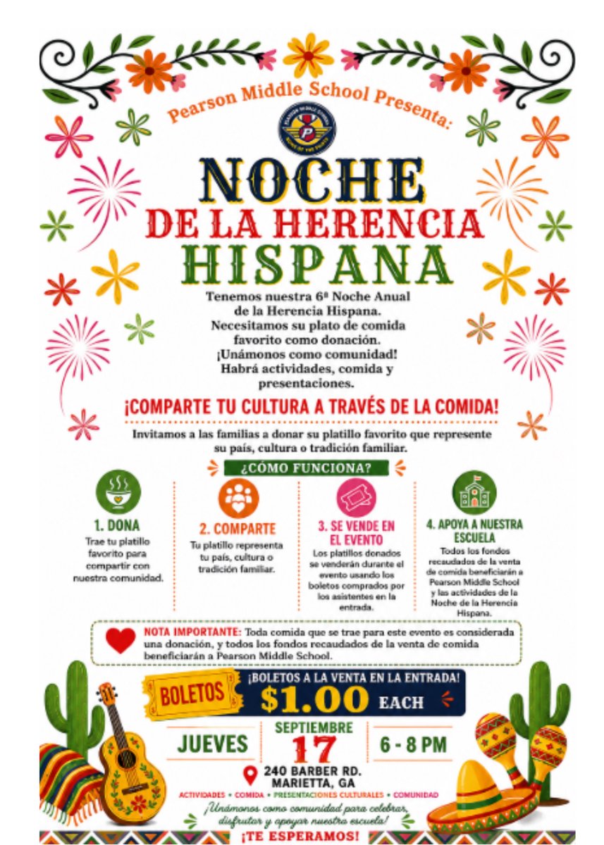 PearsonMiddle's tweet photo. We are so excited to see you tomorrow at Hispanic Heritage Night! 🪇🌮 💃 🌯 🎺 🫔 https://t.co/WqvNaAjFEF