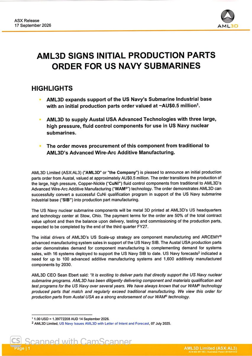 SalvadorMaurice's tweet photo. #AL3

#AML3D SIGNS INITIAL PRODUCTION PARTS ORDER FOR US NAVY SUBMARINES

#AML3D expands support of the US Navy's Submarine Industrial base with an initial production parts order valued at AU$0.5 million  
#AML3D to supply Austal USA Advanced Technologies with three large, high pressure, fluid control components for use in US Navy nuclear submarines.

The order moves procurement of this component from traditional to #AML3D's Advanced Wire-Arc Additive Manufacturing…