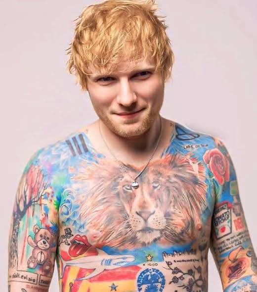 GusTheFox's tweet photo. Ed Sheeran has the tattoos of someone whose favourite artists are the local primary school children who have been allowed to decorate a 5x5 ft bit of plasterboard outside the toilets at a branch of Tesco on the edge of their town. https://t.co/UB5D3qr3XO
