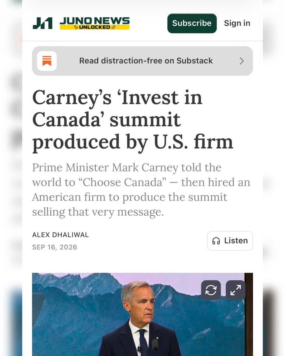 Franktmcveety's tweet photo. You seriously can’t make this up

Choose Canada.
Produced in California.

That is not a slogan. That is the business model.
Eleven days before the summit Carney told Canadians we were becoming our own best customer. Contracting Canadian companies. Hiring Canadian workers. He said for too long this country relied on others to build what we already have the talent, expertise and capacity to build ourselves.

Then Ottawa handed the “Choose Canada” summit to E2K Events, run by Olmstead Productions out of California. The same shop that staged Barack Obama’s inauguration, a Jon Stewart rally and NFL events.

No public tender. Nothing on CanadaBuys. Cost not released. PMO silent.
Canadian event companies already do high security summits. Hundreds of thousands of people work in that industry. They did not get the job. A California firm did.

So the pitch to the world is invest here, hire here, build here. The contract that sold that pitch went south.

If Ottawa cannot even stage its own investment summit with a Canadian producer, why would global capital believe the rest of the speech?