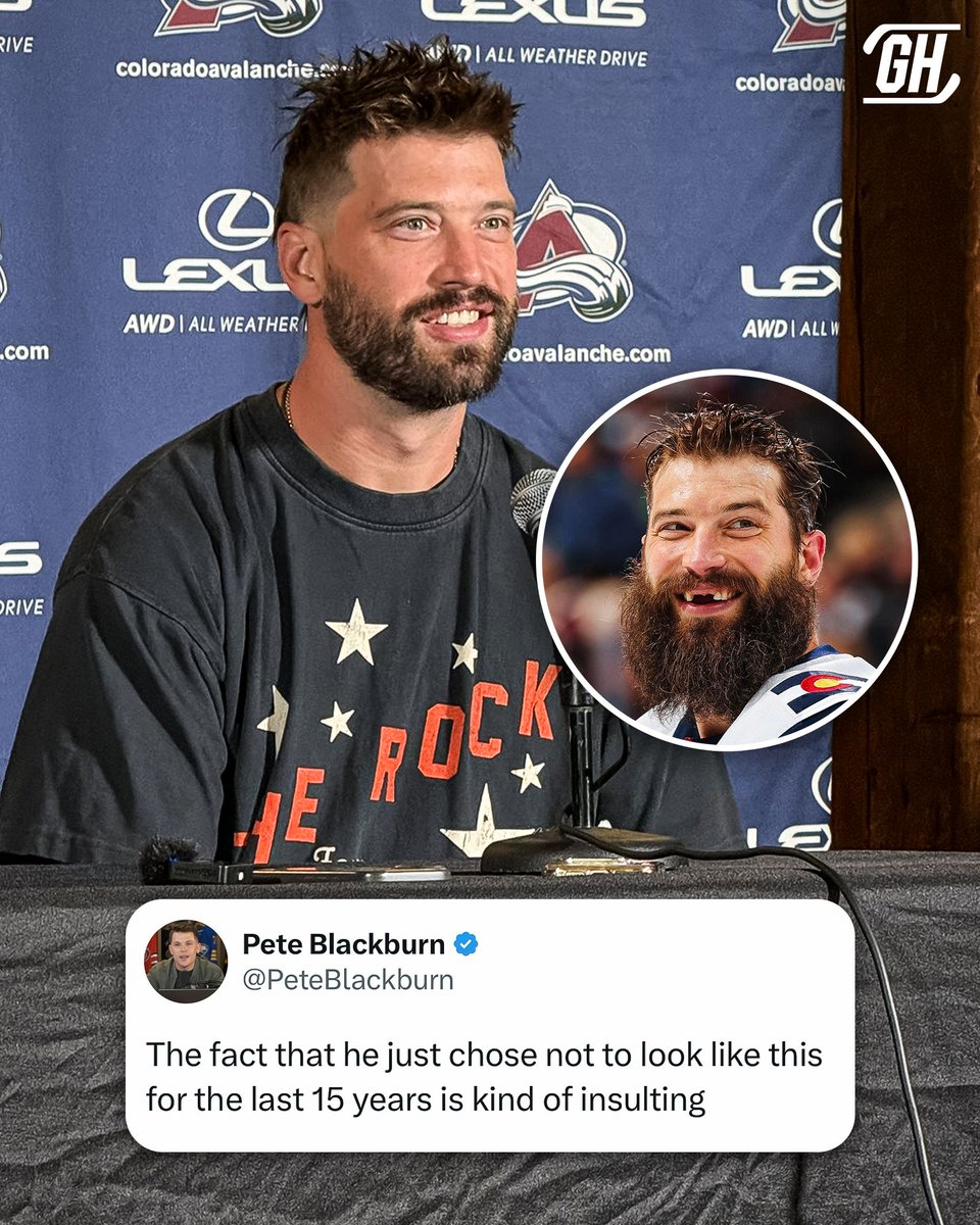 GinoHard_'s tweet photo. Brent Burns showed up looking dapper as ever for his first media availability of training camp, and it shocked the hockey world 🤯🤣 

(h/t @PeteBlackburn) https://t.co/tO46YuHvix