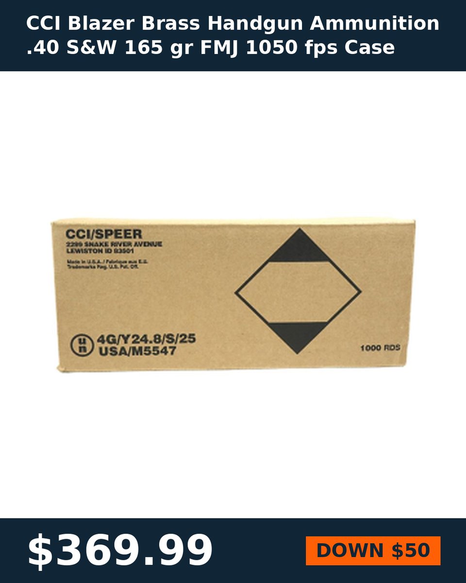 TheGunSearch's tweet photo. CCI Blazer Brass Handgun Ammunition .40 S&amp;W 165 gr FMJ 1050 fps Case $369.99 at Natchez Shooting Supply. Down $50 this week. Follow for more deals. https://t.co/PvJ0N0yi8Q https://t.co/0CMjp0SGJb